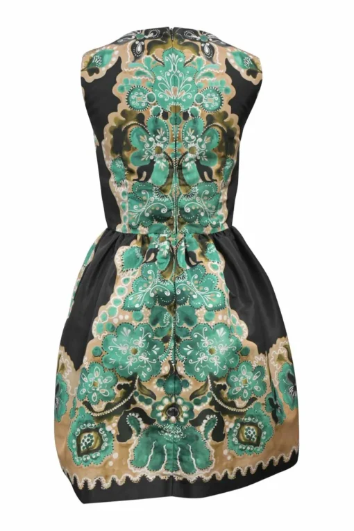 Black and green polyester abstract floral print sleeveless cocktail dress with darted bodice and gathered circle skirt