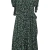 Black and green silk abstract print ruched half-sleeve A-line wrap dress with ruffle hem