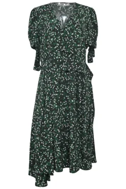 Black and green silk abstract print ruched half-sleeve A-line wrap dress with ruffle hem
