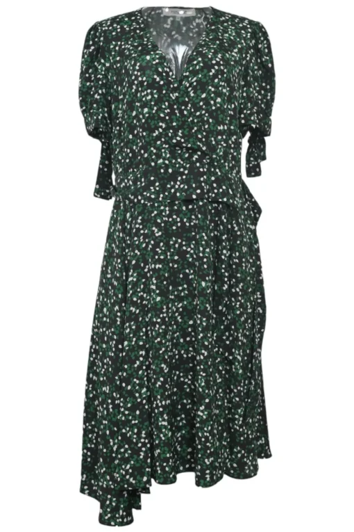 Black and green silk abstract print ruched half-sleeve A-line wrap dress with ruffle hem