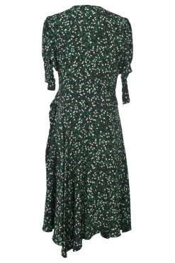 Black and green silk abstract print ruched half-sleeve A-line wrap dress with ruffle hem