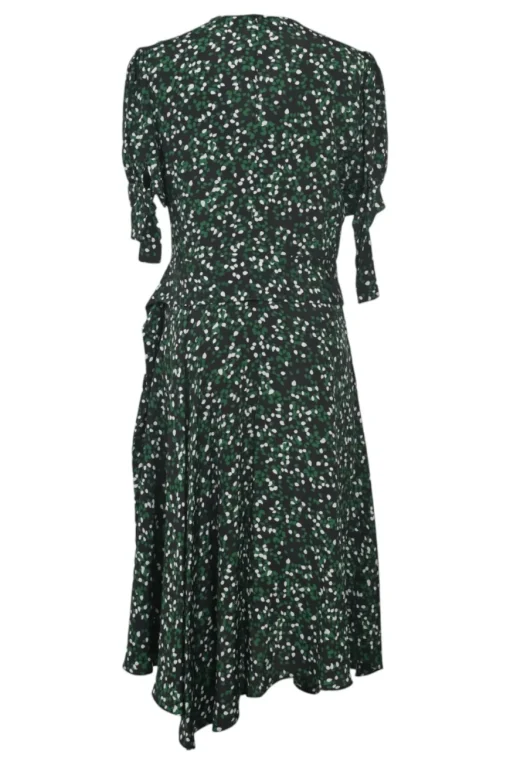 Black and green silk abstract print ruched half-sleeve A-line wrap dress with ruffle hem