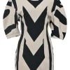Black and ivory cotton graphic monogram print dolman sleeve bustier knit mini dress