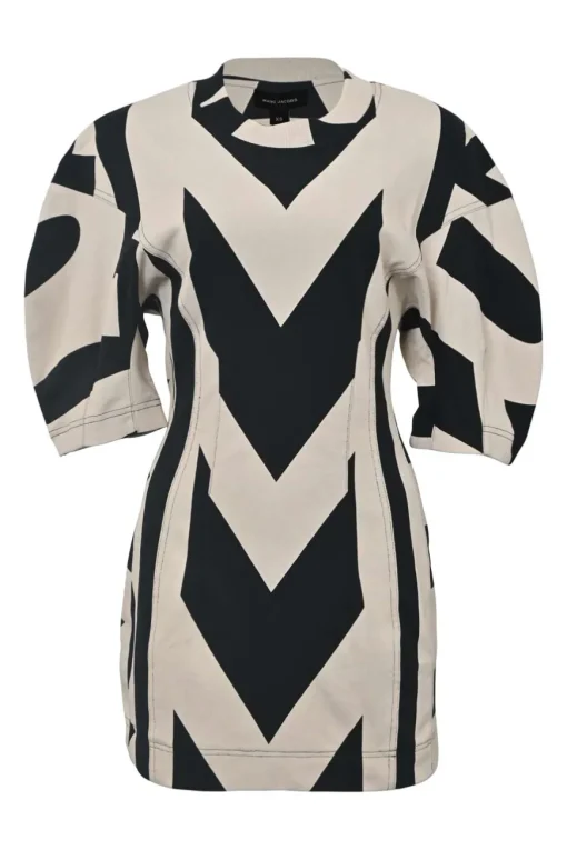 Black and ivory cotton graphic monogram print dolman sleeve bustier knit mini dress