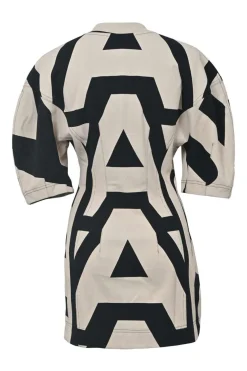 Black and ivory cotton graphic monogram print dolman sleeve bustier knit mini dress