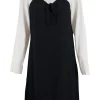 Black and ivory long-sleeved knee length dress with ribbon
