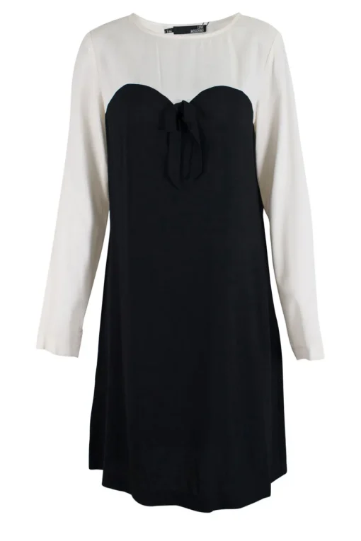 Black and ivory long-sleeved knee length dress with ribbon