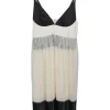Black and ivory paneled silk-blend peek-a-boo plissé slip teddy with adjustable straps