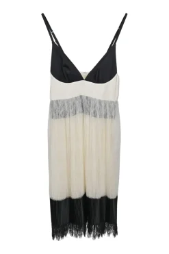 Black and ivory paneled silk-blend peek-a-boo plissé slip teddy with adjustable straps