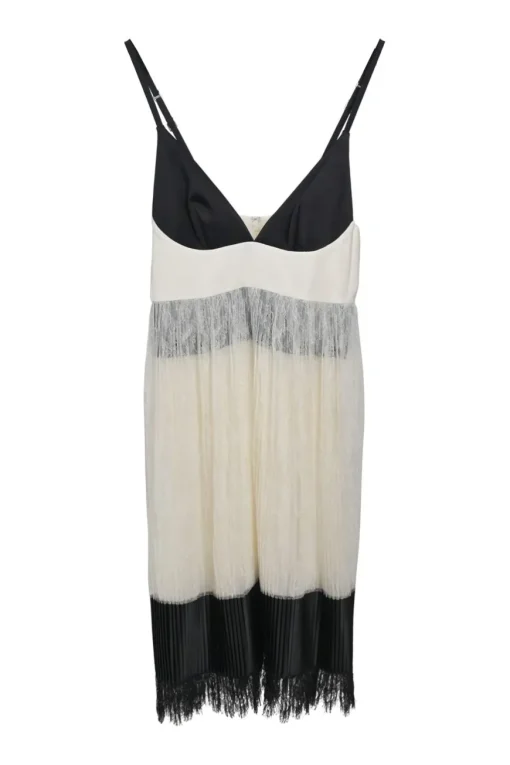 Black and ivory paneled silk-blend peek-a-boo plissé slip teddy with adjustable straps