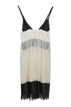 Black and ivory paneled silk-blend peek-a-boo plissé slip teddy with adjustable straps