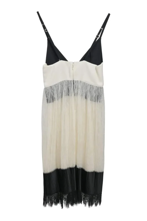 Black and ivory paneled silk-blend peek-a-boo plissé slip teddy with adjustable straps