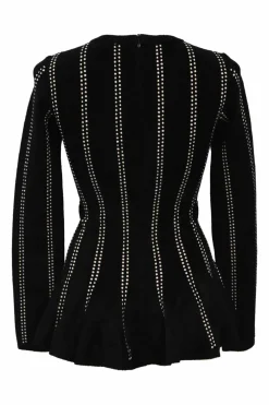 Black and ivory wool-blend intarsia knit crewneck peplum long sleeve top