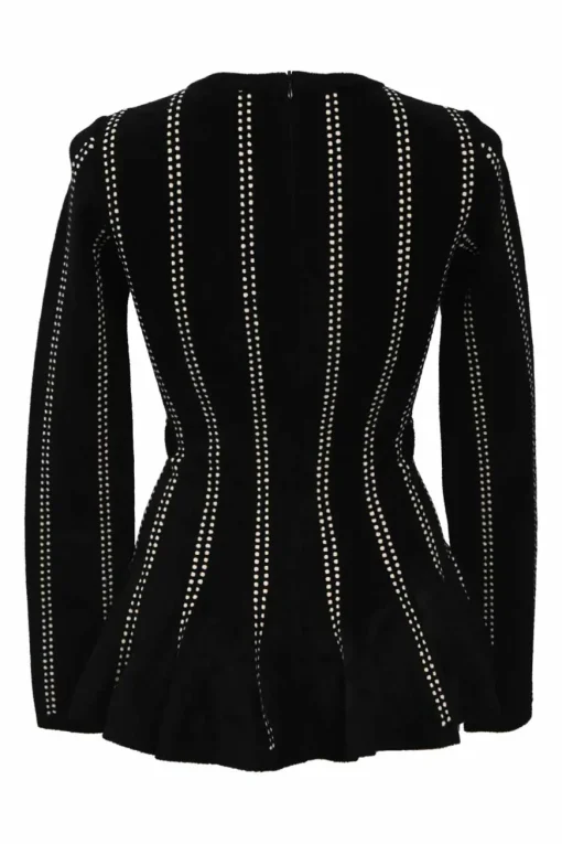 Black and ivory wool-blend intarsia knit crewneck peplum long sleeve top