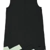 Black and mint polyester sleeveless shift dress with scalloped hem