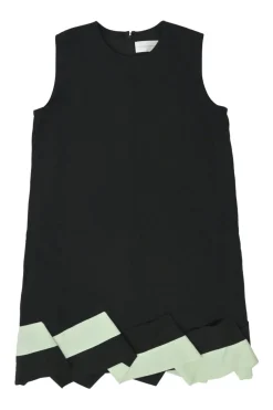 Black and mint polyester sleeveless shift dress with scalloped hem