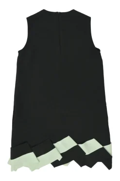 Black and mint polyester sleeveless shift dress with scalloped hem