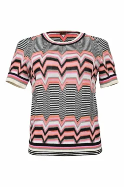 Black and multi-colour fully-fashioned striped zig-zag knit pullover short sleeve crewneck top