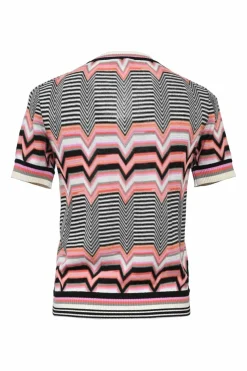 Black and multi-colour fully-fashioned striped zig-zag knit pullover short sleeve crewneck top