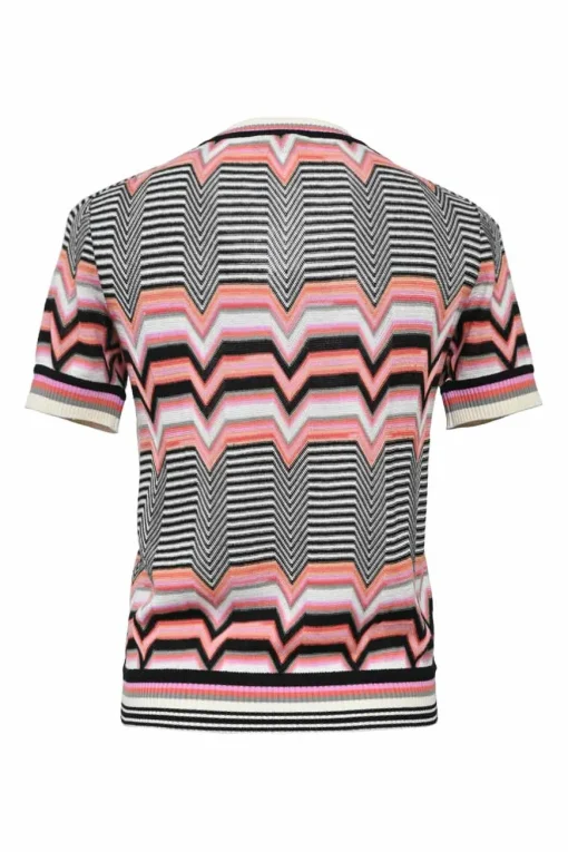 Black and multi-colour fully-fashioned striped zig-zag knit pullover short sleeve crewneck top