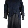 Black and navy cotton-nylon blend mixed media belted mini shift with bonded lace