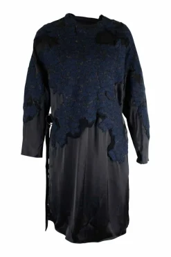 Black and navy cotton-nylon blend mixed media belted mini shift with bonded lace