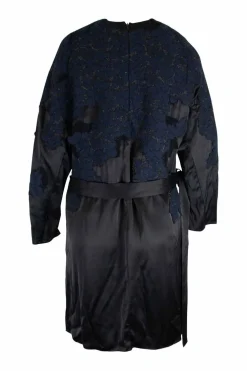 Black and navy cotton-nylon blend mixed media belted mini shift with bonded lace