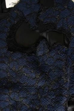 Black and navy cotton-nylon blend mixed media belted mini shift with bonded lace