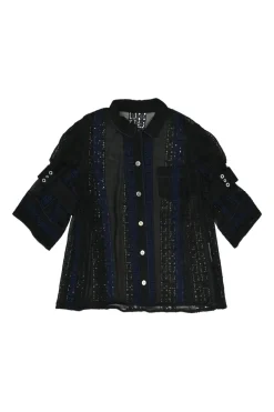 Black and navy paneled guipure lace swing-style short sleeve shirt with tab cuff sleeves