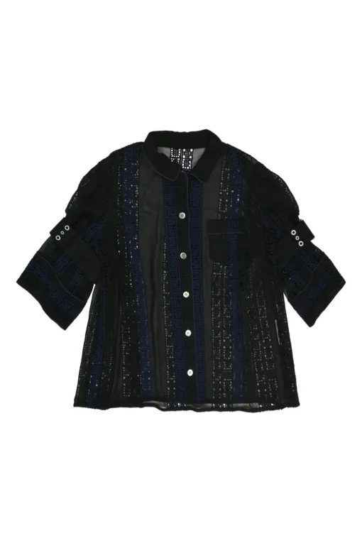 Black and navy paneled guipure lace swing-style short sleeve shirt with tab cuff sleeves