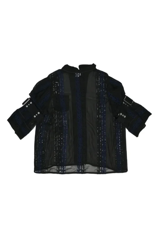 Black and navy paneled guipure lace swing-style short sleeve shirt with tab cuff sleeves