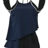 Black and navy paneled silk-blend cold-shoulder flutter tiered blouse with nape-tie fastening and asymmetric hem