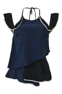 Black and navy paneled silk-blend cold-shoulder flutter tiered blouse with nape-tie fastening and asymmetric hem