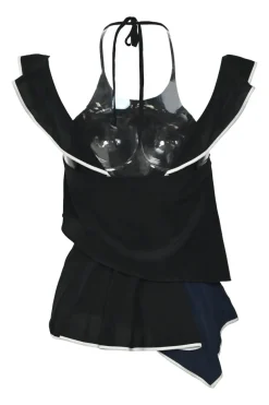 Black and navy paneled silk-blend cold-shoulder flutter tiered blouse with nape-tie fastening and asymmetric hem