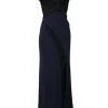 Black and navy polyester mixed-media plunge neck short sleeve column gown