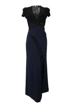 Black and navy polyester mixed-media plunge neck short sleeve column gown