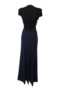 Black and navy polyester mixed-media plunge neck short sleeve column gown