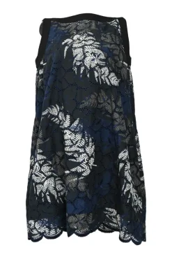 Black and navy semi-sheer cupro floral broderie Anglaise bateau neck swing-style shift dress with scalloped edges