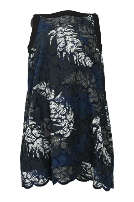 Black and navy semi-sheer cupro floral broderie Anglaise bateau neck swing-style shift dress with scalloped edges