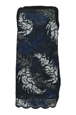 Black and navy semi-sheer cupro floral broderie Anglaise bateau neck swing-style shift dress with scalloped edges