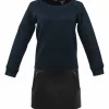 Black and navy silk-blend mixed-media crewneck long sleeve shift dress with contrasting leather skirt and slanted zip pockets