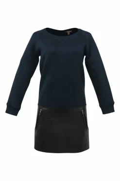 Black and navy silk-blend mixed-media crewneck long sleeve shift dress with contrasting leather skirt and slanted zip pockets
