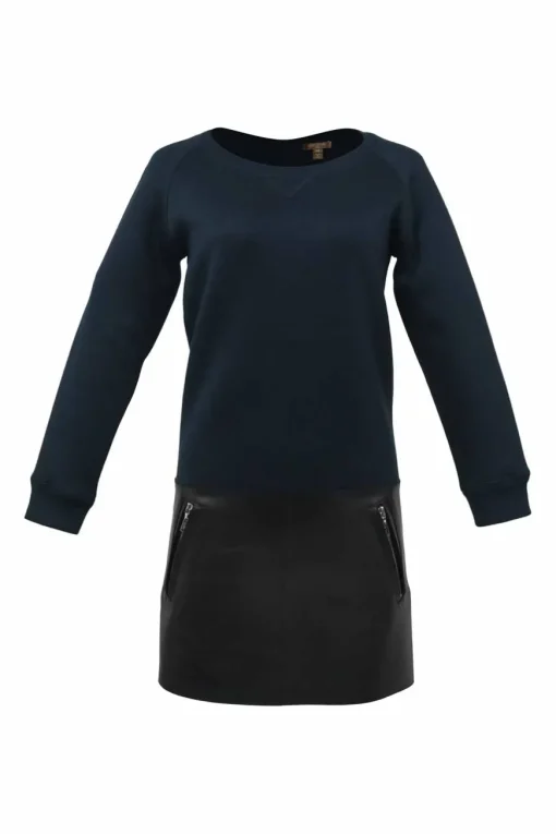 Black and navy silk-blend mixed-media crewneck long sleeve shift dress with contrasting leather skirt and slanted zip pockets