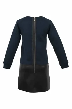 Black and navy silk-blend mixed-media crewneck long sleeve shift dress with contrasting leather skirt and slanted zip pockets