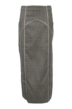 Black and neutral paneled polyester-blend micro houndstooth tweed pencil skirt