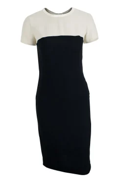 Black and off white knee length dress with short sleeves.