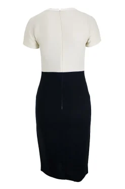 Black and off white knee length dress with short sleeves.