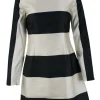 Black and off-white silk and cotton blend long-sleeved knee-length dress with striped pattern
