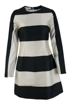 Black and off-white silk and cotton blend long-sleeved knee-length dress with striped pattern