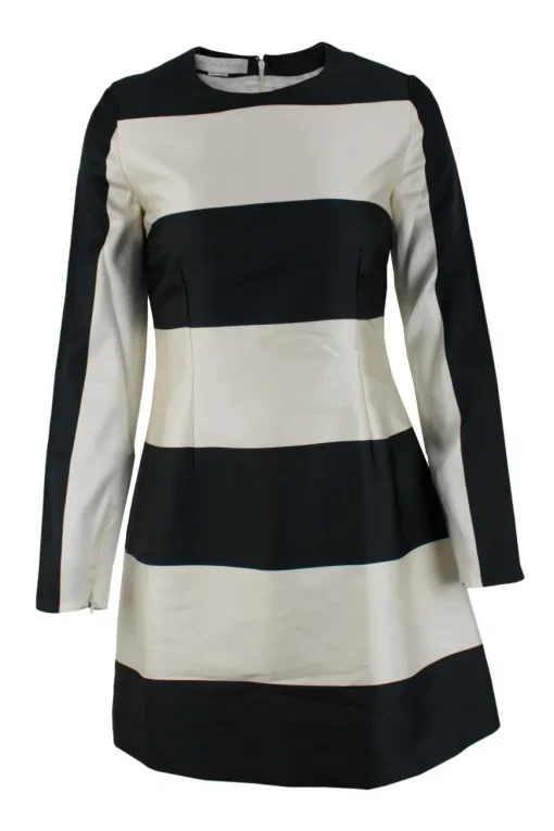 Black and off-white silk and cotton blend long-sleeved knee-length dress with striped pattern